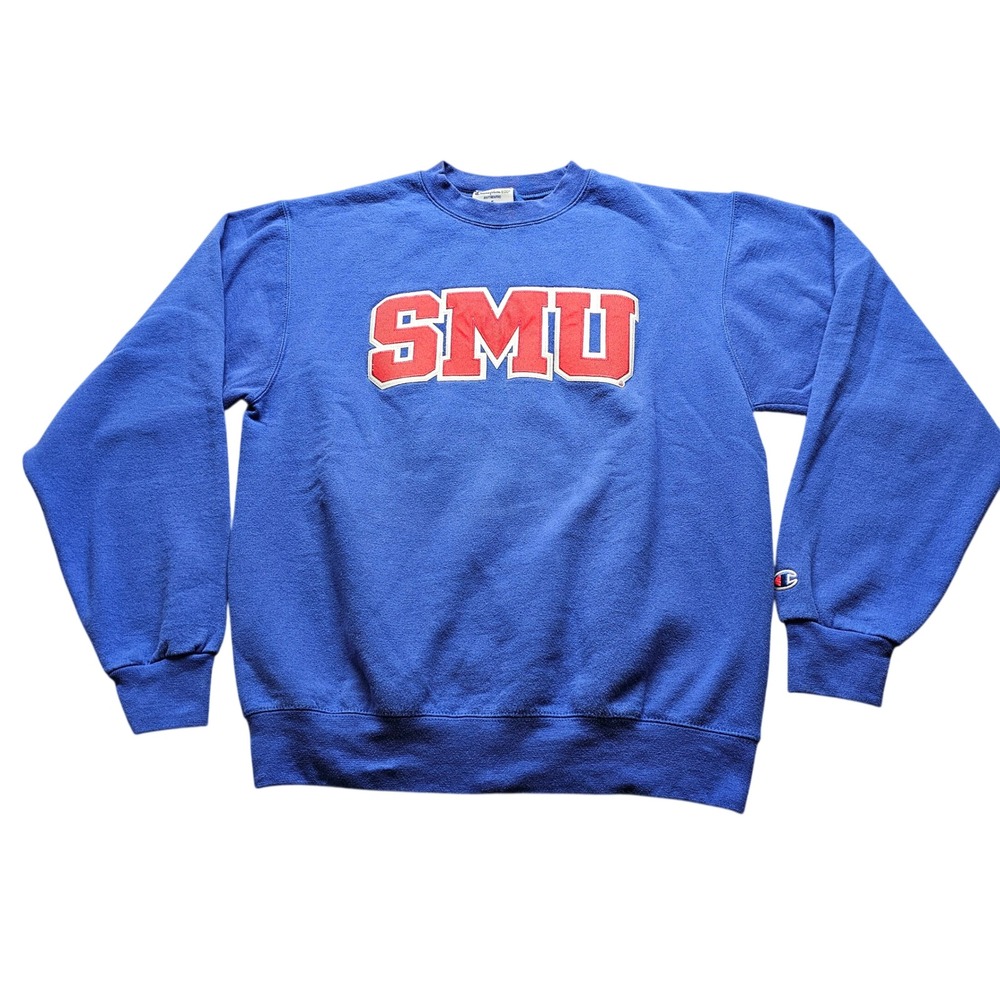 SMU Champion Sweatshirt Mens Small Blue NCAA Football Mustangs Applique Crewneck